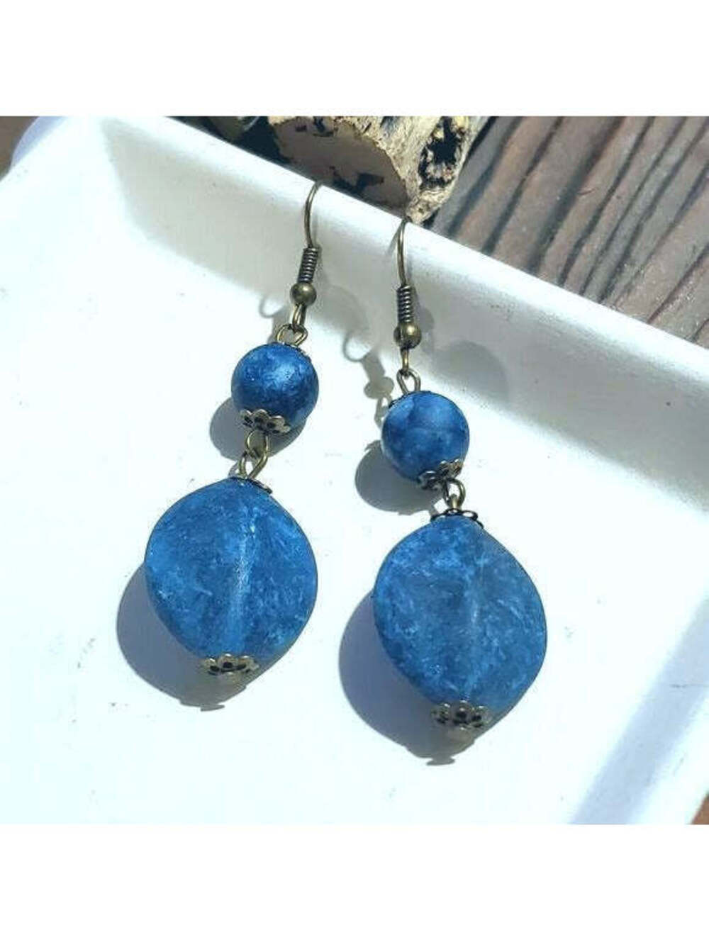 Rustic Bronze Metal Mottled Blue Lightweight Acrylic Handcrafted Dangle Earrings
